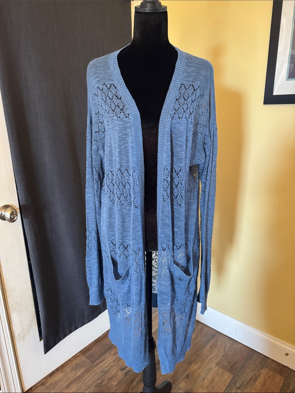 Light Denim Blue Open-Knit Long Cardigan with Pockets